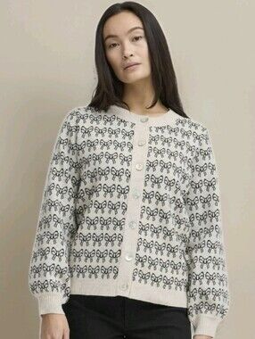 ICHI Ihbrielle Cardigan Sweater Beige Bow Pattern Button Up Preppy Women's Sz S